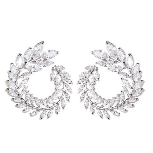 Silver Cubic Zircon Leaf CZ Wreath Rhinestone Diamond Earrings - Picture 7 of 7
